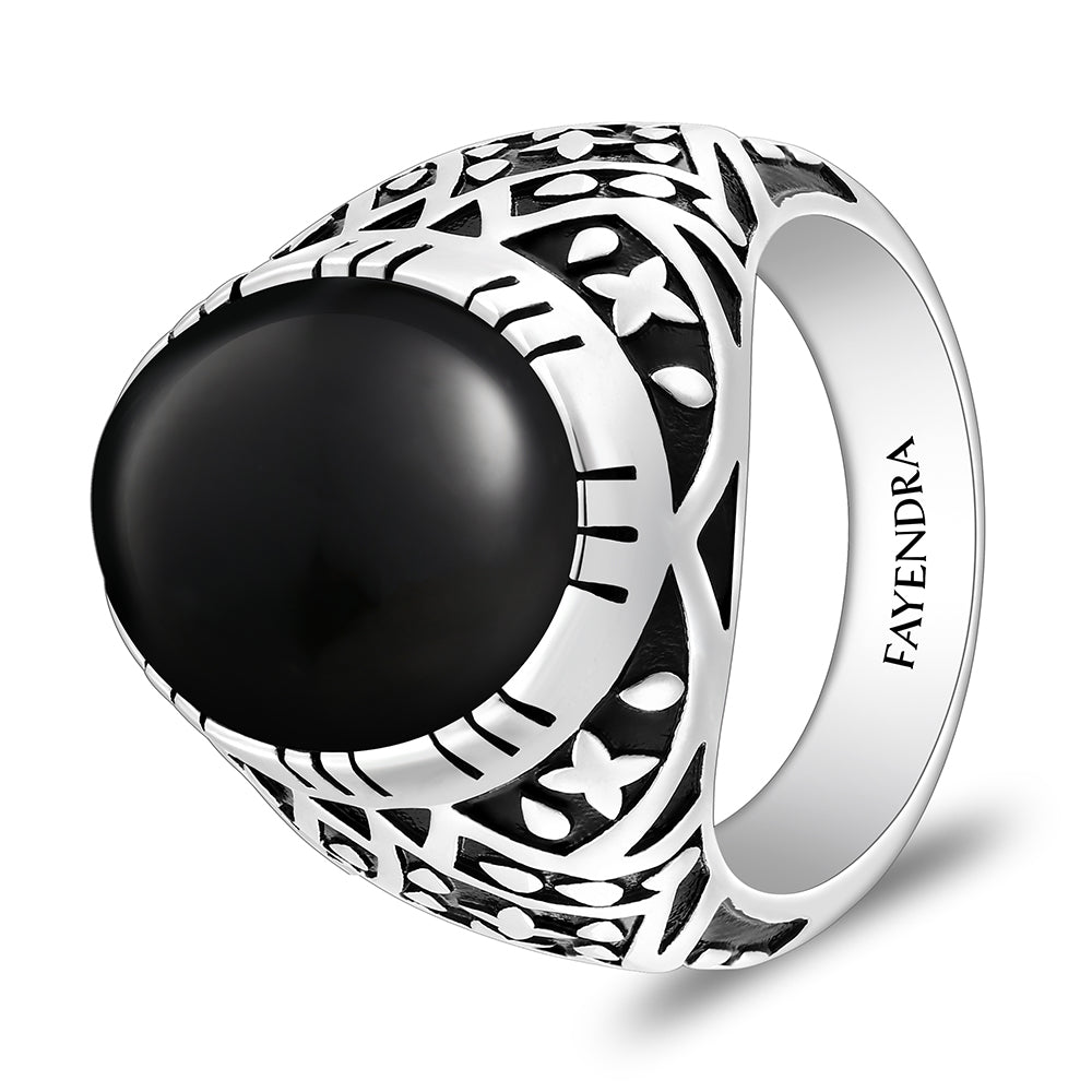 خاتم رجالي من الفضة الخالصة عيار 925 مطلي روديوم و اسود مرصع احجار عقيق اسود طبيعي كابشون