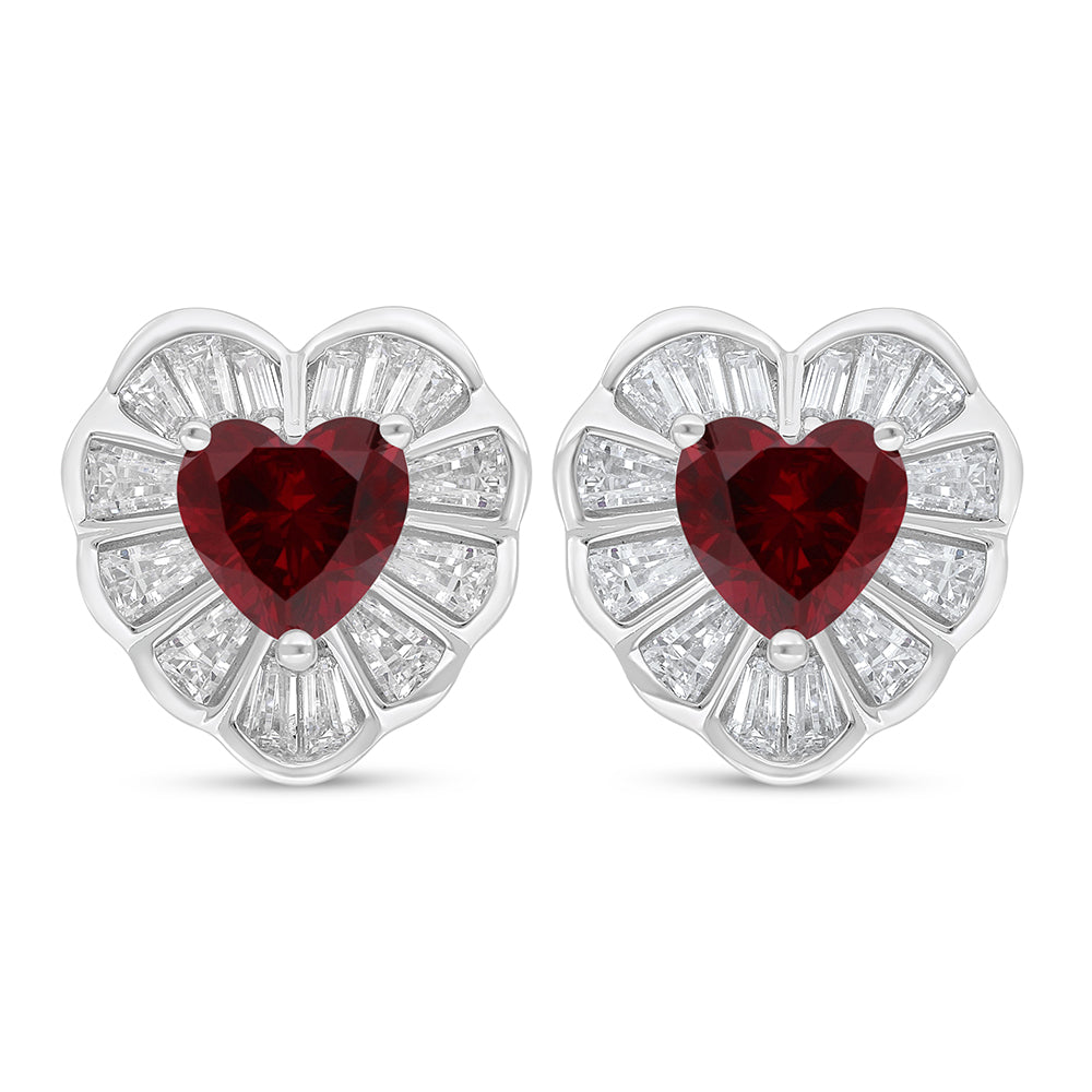 Sterling Silver 925 Earring Rhodium Plated Embedded With Ruby Corundum And White Zircon