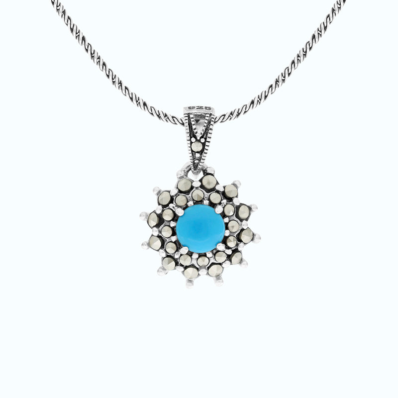 Sterling Silver 925 Pendant Embedded With Natural Processed Turquoise And Marcasite Stones