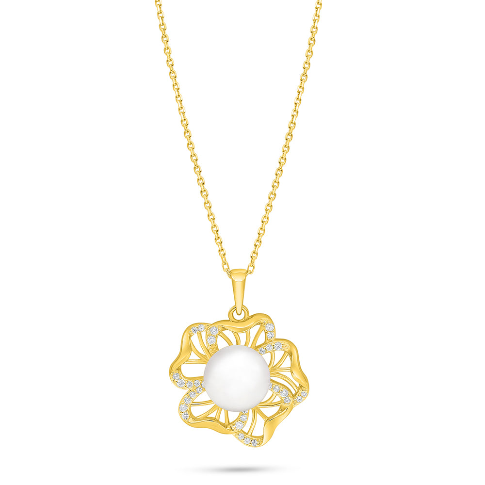 Sterling Silver 925 Necklace Golden Plated Embedded With Natural White Pearl And White Zircon