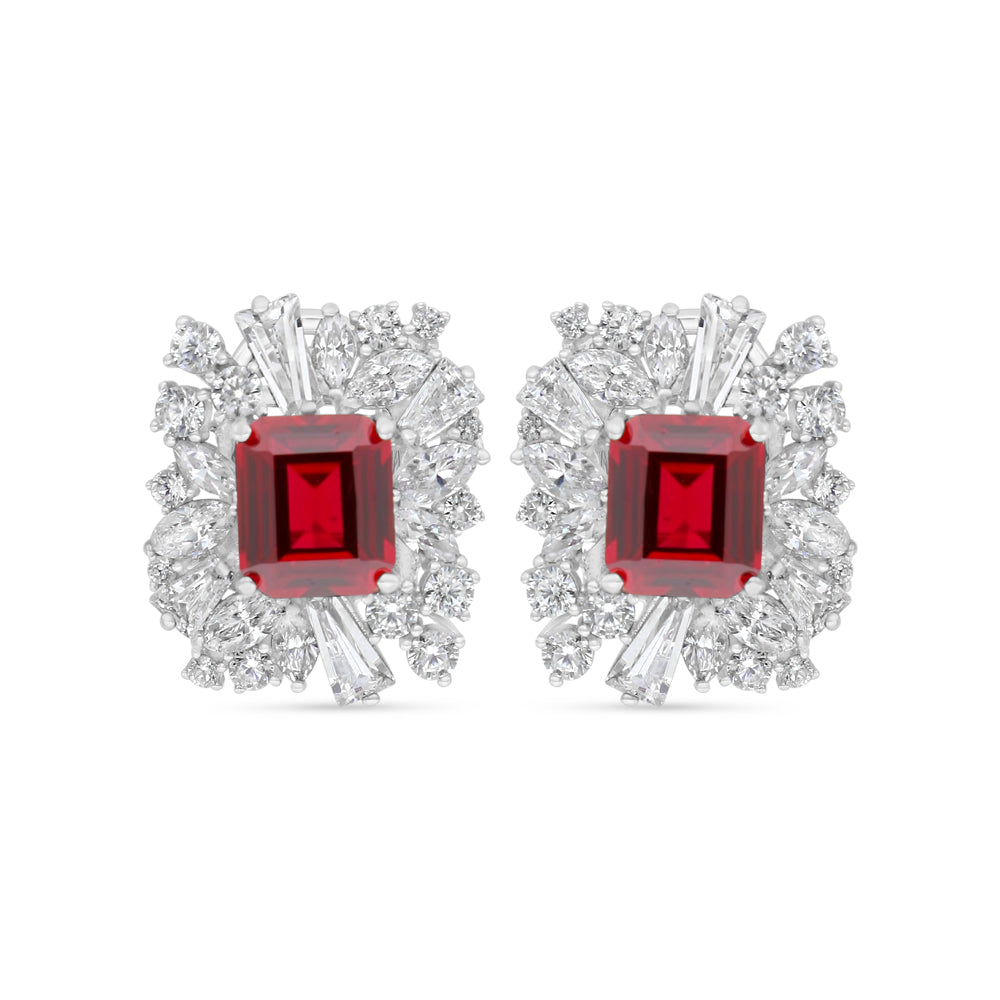 Sterling Silver 925 Earring Rhodium Plated Embedded With Ruby Corundum And White Zircon