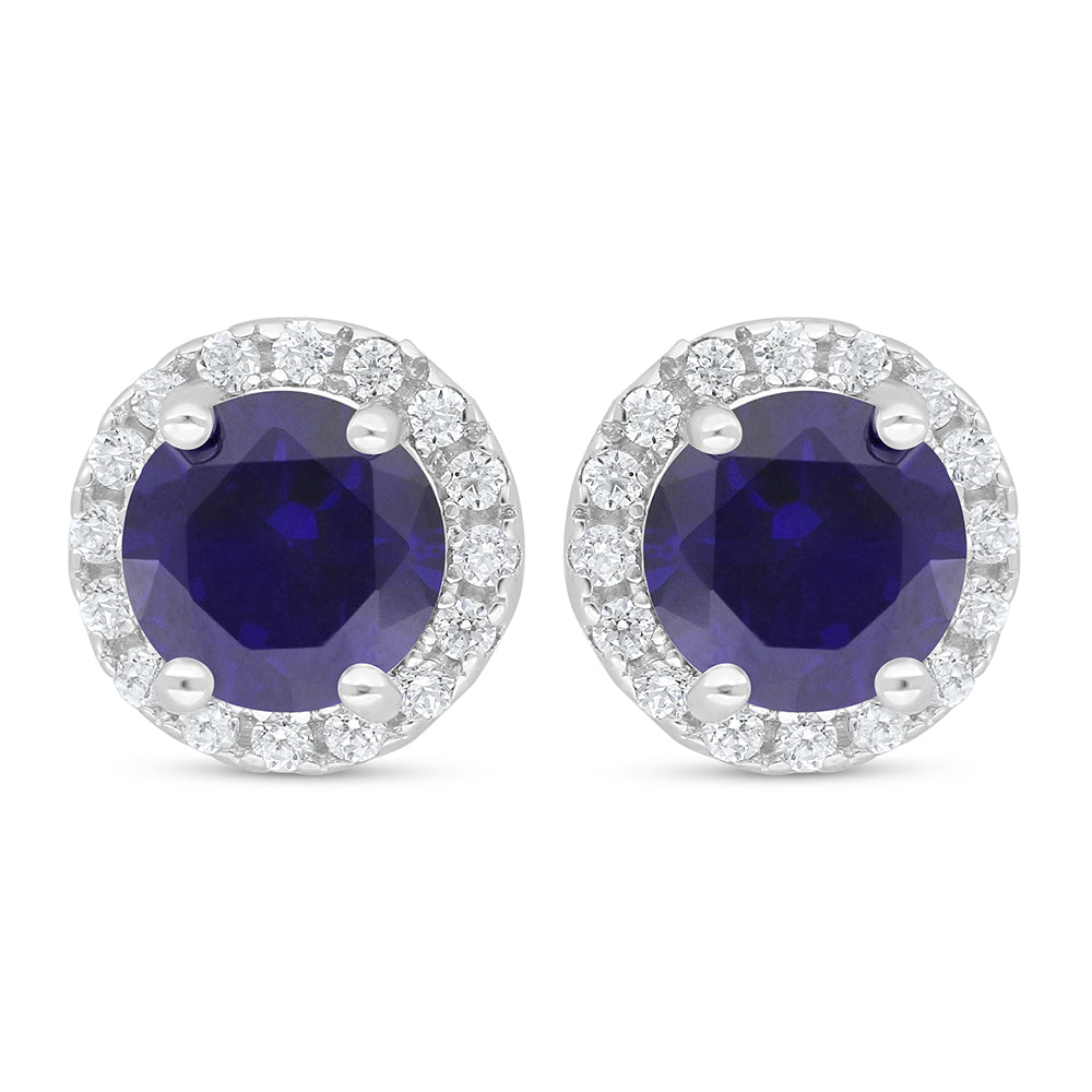Sterling Silver 925 Earring Rhodium Plated Embedded With Sapphire Corundum And White Zircon