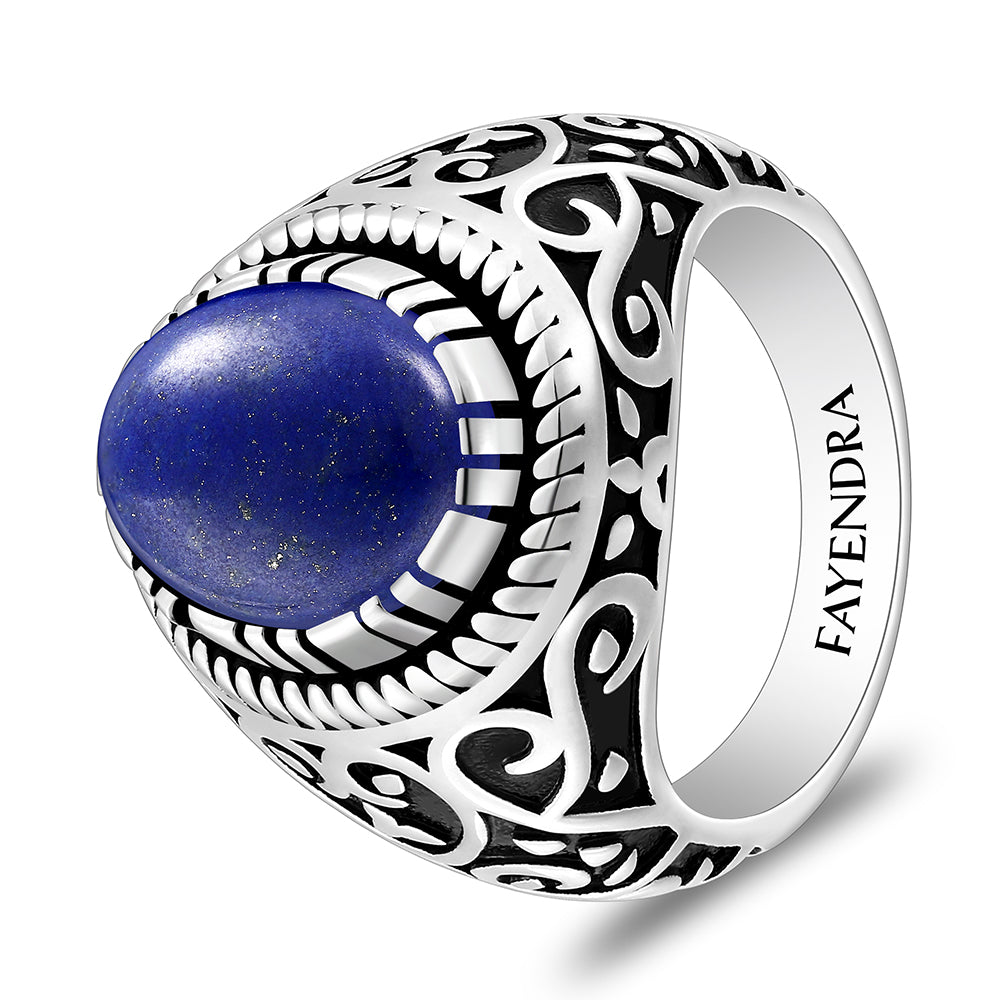 خاتم رجالي من الفضة الخالصة عيار925 مطلي روديوم و اسود مرصع حجر لابيس كابشون