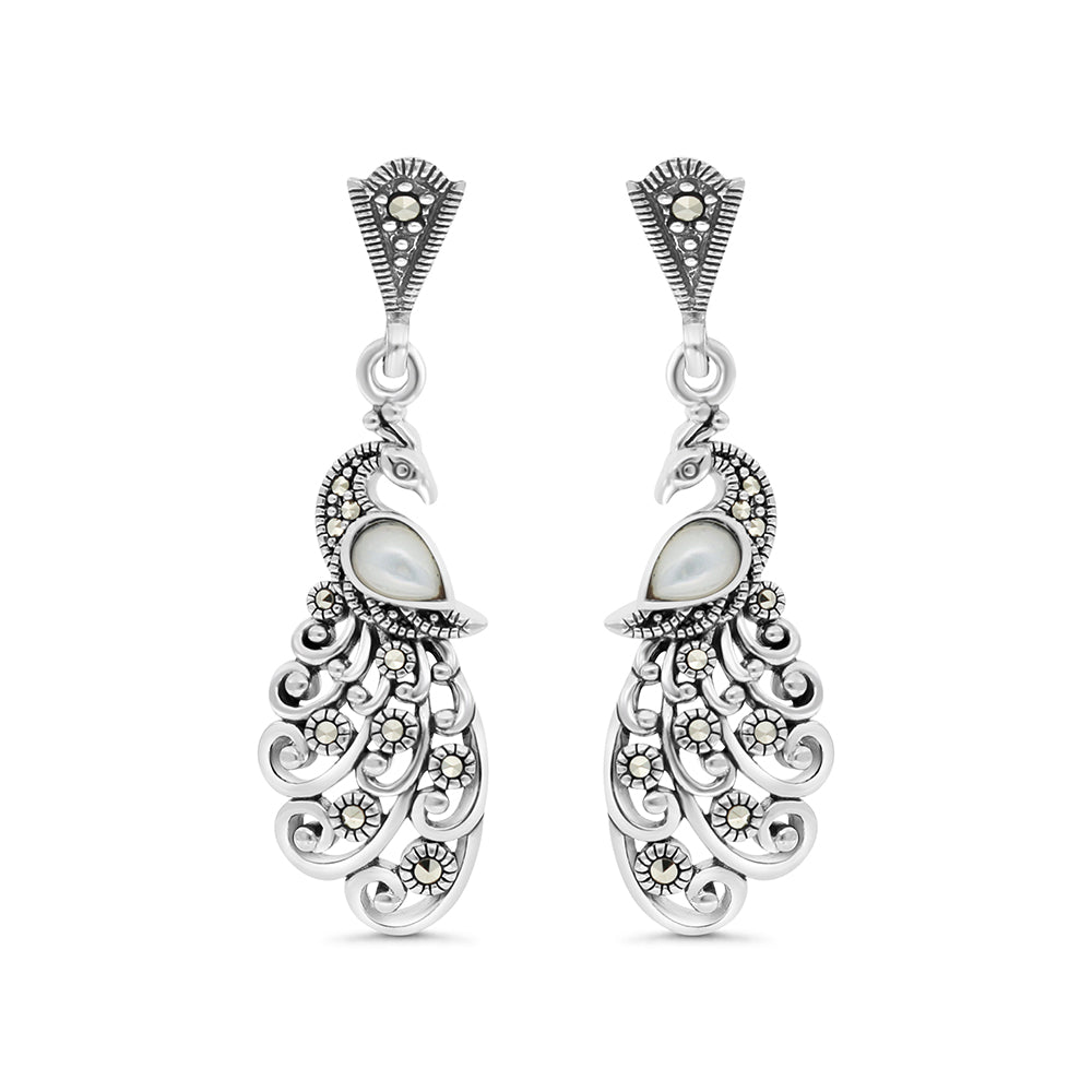 Sterling Silver 925 Earring Embedded With Natural White Shell And Marcasite Stones
