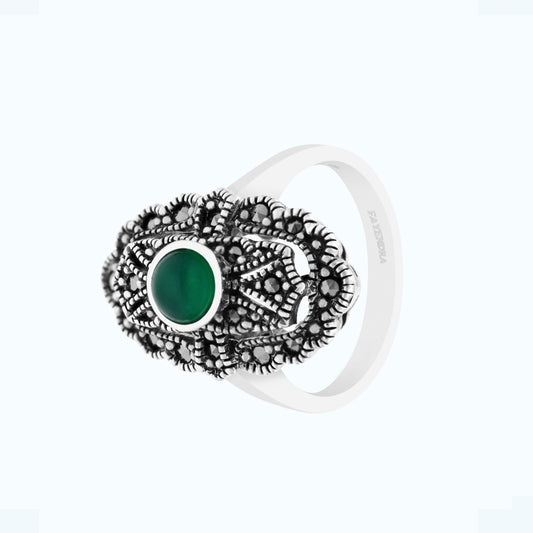 Sterling Silver 925 Ring Embedded With Natural Green Agate And Marcasite Stones