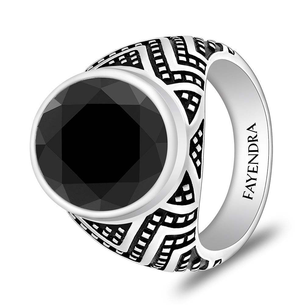 خاتم رجالي من الفضة الخالصة عيار 925 مطلي روديوم و اسود مرصع احجار اونكس سبينل