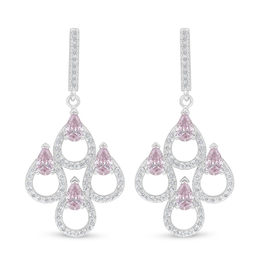 Sterling Silver 925 Earring Rhodium Plated Embedded With Pink Zircon And White Zircon