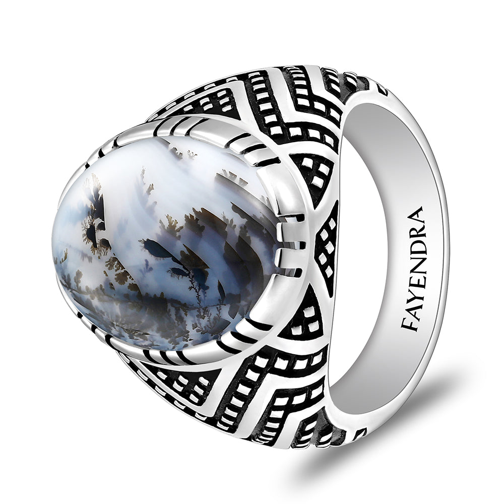 خاتم رجالي من الفضة الخالصة عيار 925 مطلي روديوم و اسود مرصع احجار عقيق مشجر طبيعي كابشون