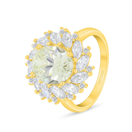 Sterling Silver 925 Ring Golden Plated Embedded With Yellow Diamond And White Zircon