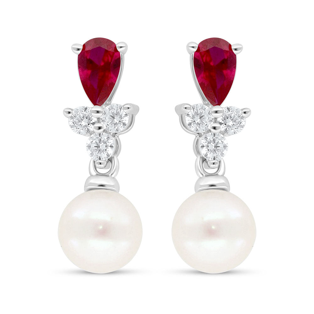 Sterling Silver 925 Earring Rhodium Plated Embedded With Fresh Water Pearl And Ruby Corundum And White Zircon