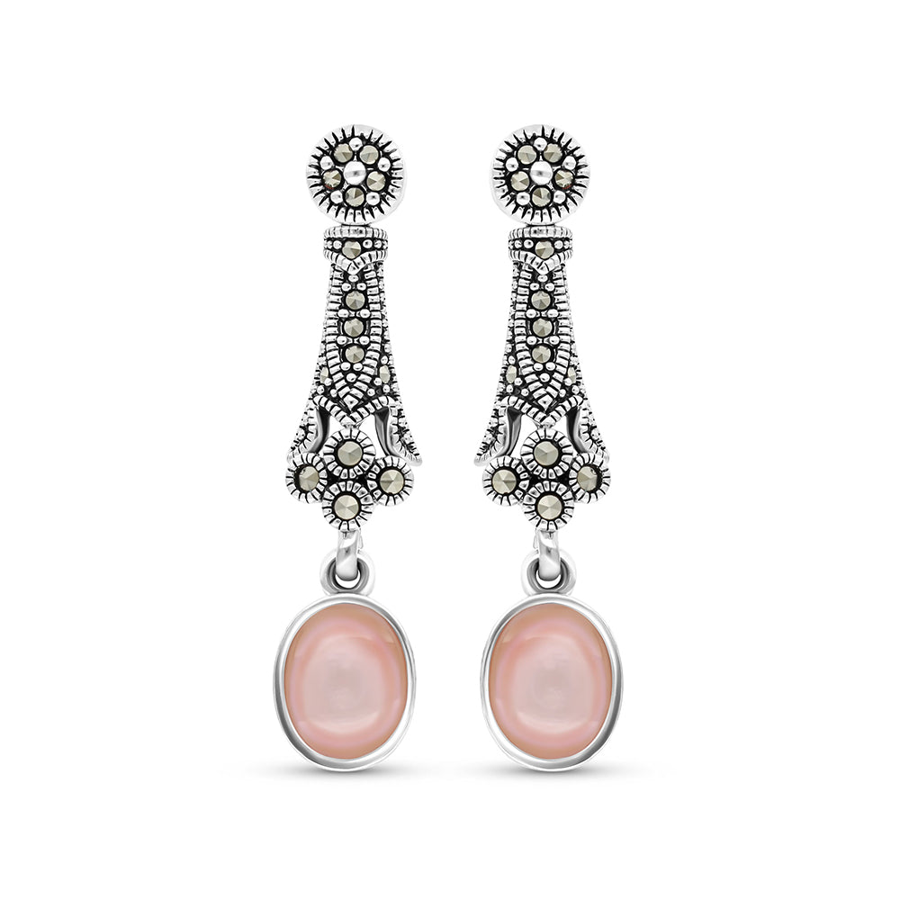 Sterling Silver 925 Earring Embedded With Natural Pink Shell And Marcasite Stones