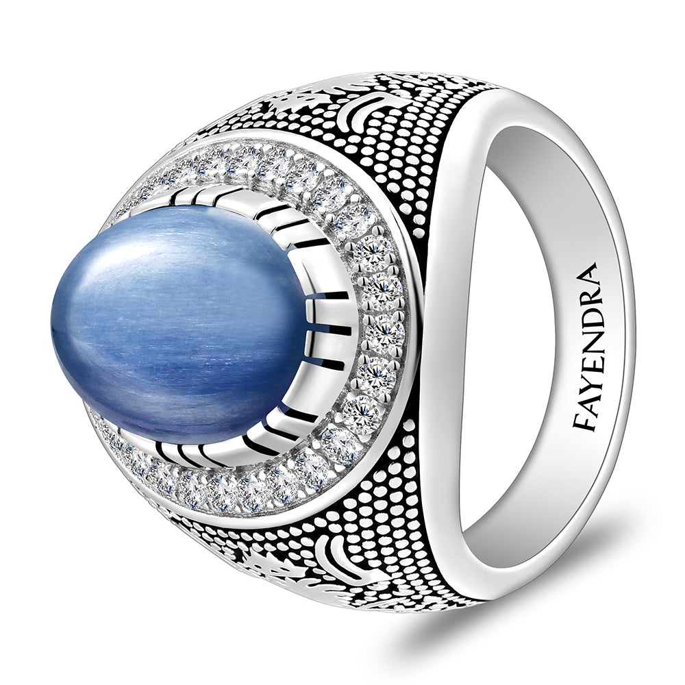 خاتم رجالي من الفضة الخالصة عيار 925 مطلي روديوم و اسود مرصع احجار كيانيت طبيعي كابشون و فص ابيض