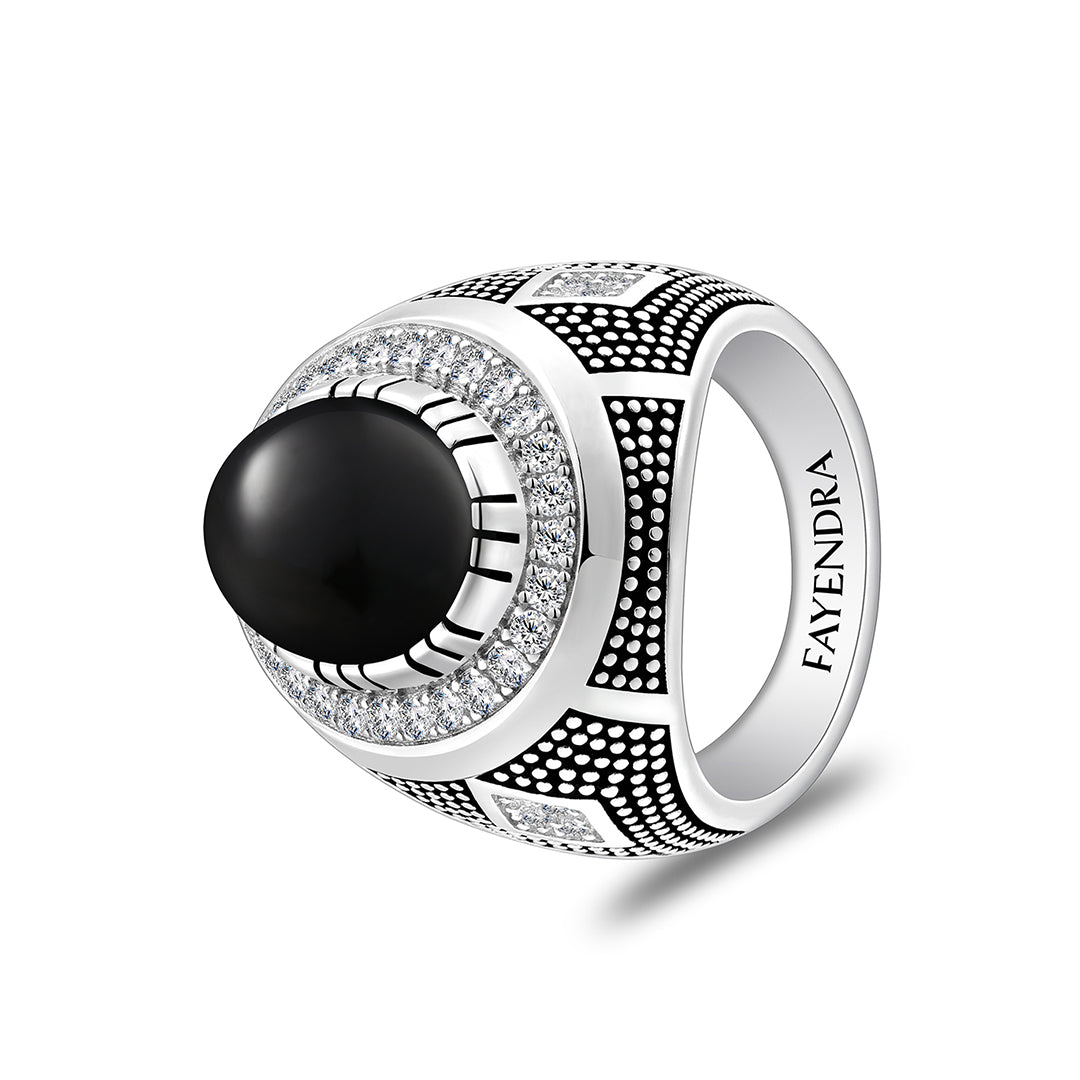 Sterling Silver 925 Ring Rhodium And Black Plated Embedded With Natural black agate Cabochon And White Zircon For Men