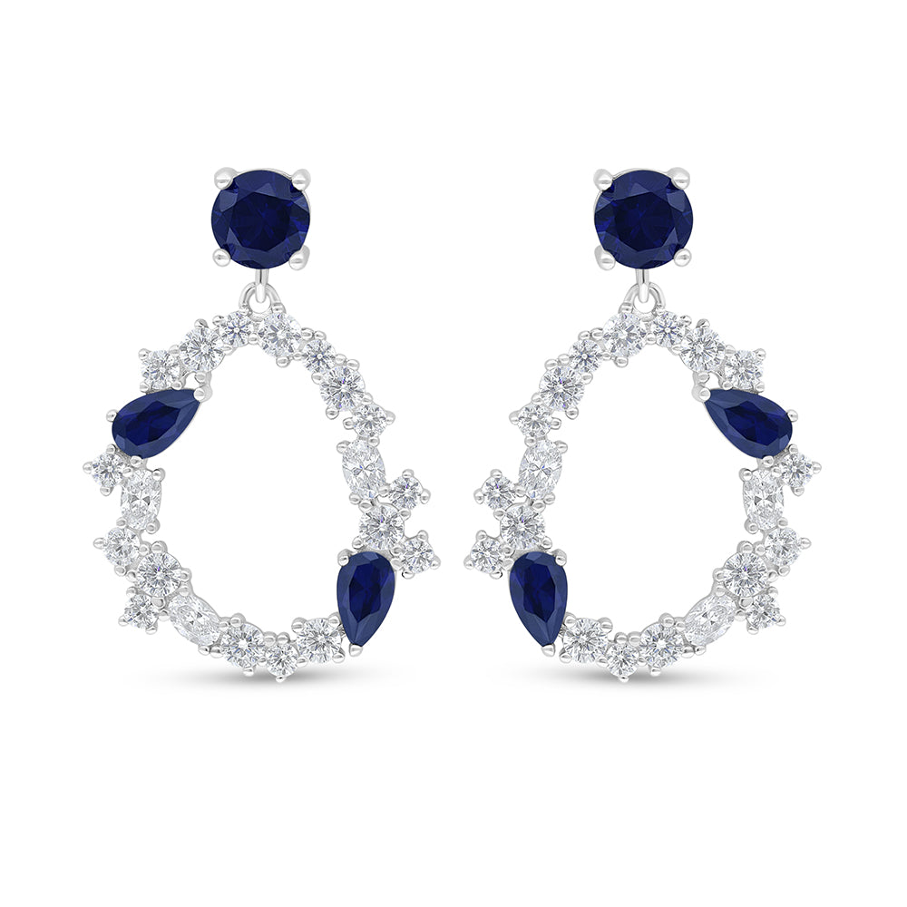 Sterling Silver 925 Earring Rhodium Plated Embedded With Sapphire Corundum And White Zircon