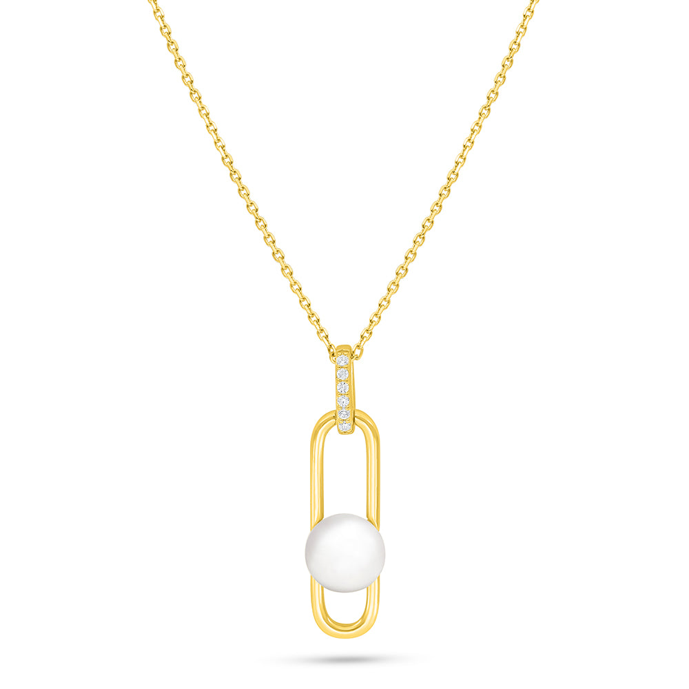 عقد من الفضة الخالصة عيار 925 مطلي ذهبي مرصع لولو ابيض طبيعي و فص ابيض