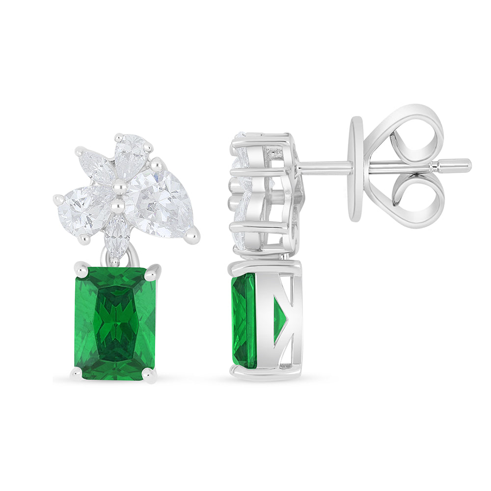 Sterling Silver 925 Earring Rhodium Plated Embedded With Emerald Zircon And White Zircon