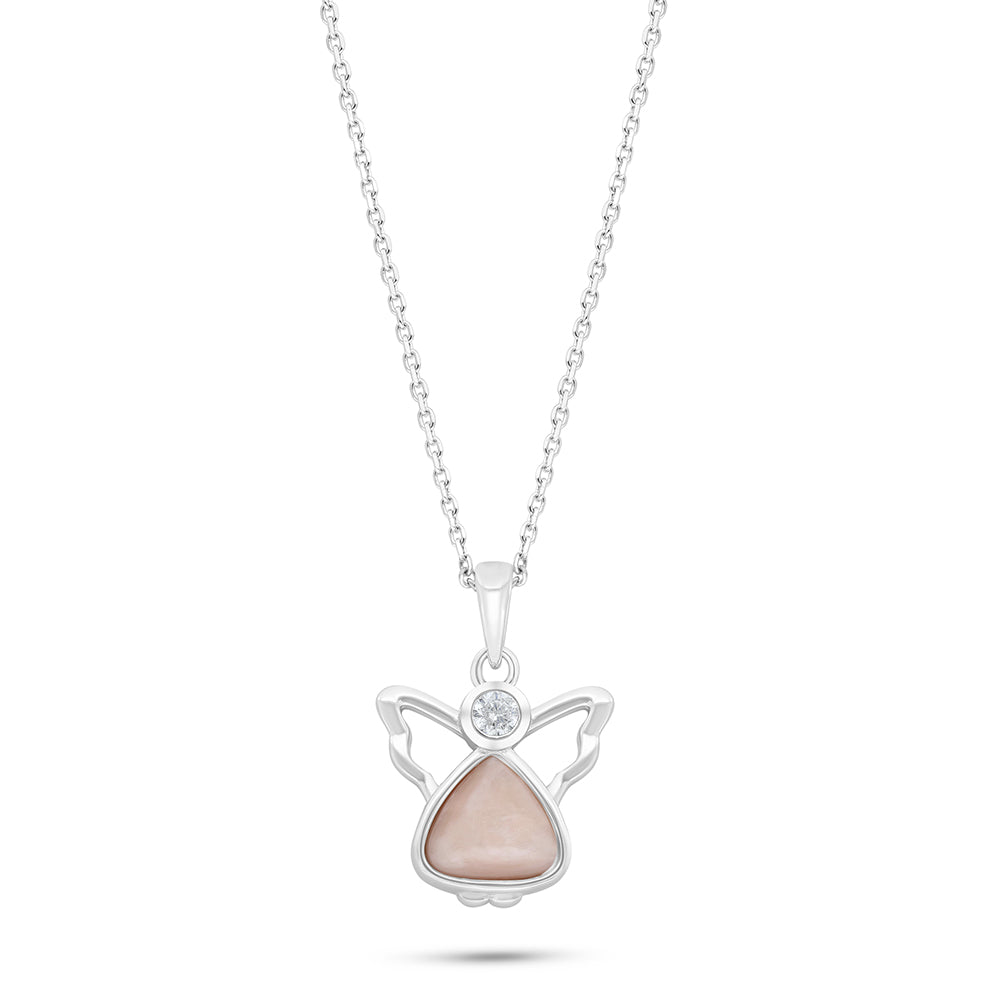 Sterling Silver 925 Necklace Rhodium Plated Embedded With Pink shell And White Zircon