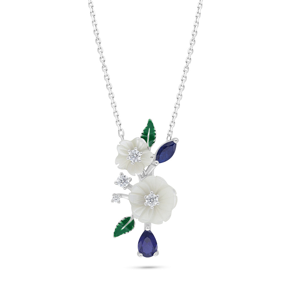 Sterling Silver 925 Necklace Rhodium Plated Embedded With White Shell And Sapphire Corundum And White Zircon