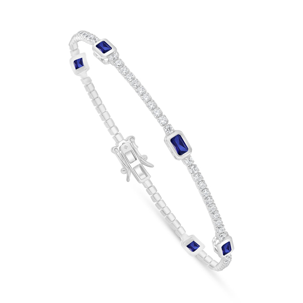 Sterling Silver 925 Bracelet Rhodium Plated Embedded With Sapphire Corundum And White Zircon