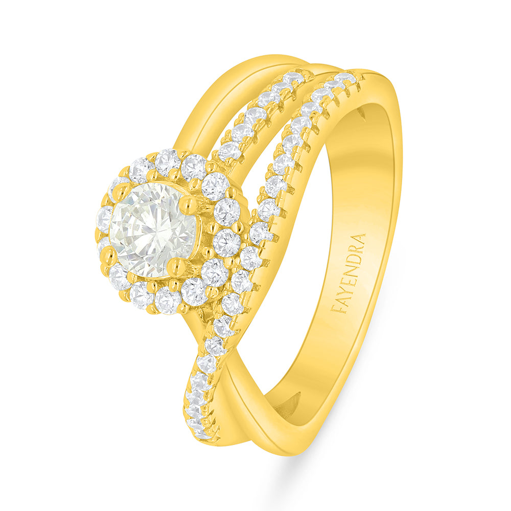 Sterling Silver 925 Ring Golden Plated Embedded With Diamond Zircon And White Zircon