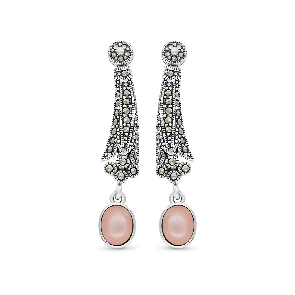 اقراط من الفضة الخالصة عيار 925 مرصعه احجار صدف وردي طبيعي و ماركسايت