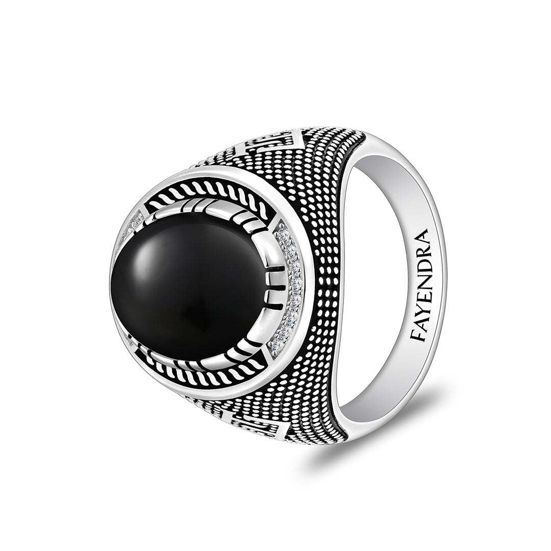 Sterling Silver 925 Ring Rhodium And Black Plated Embedded With Natural black agate Cabochon And White Zircon For Men