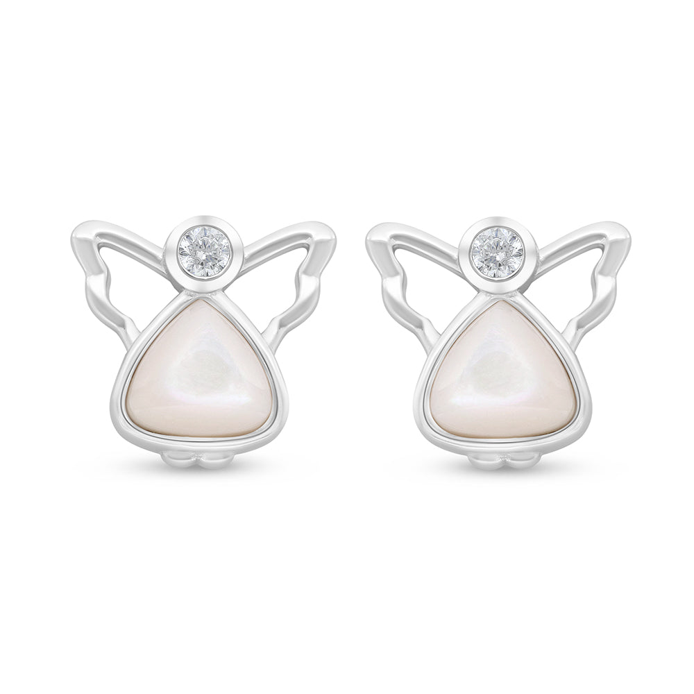 Sterling Silver 925 Earring Rhodium Plated Embedded With Pink shell And White Zircon