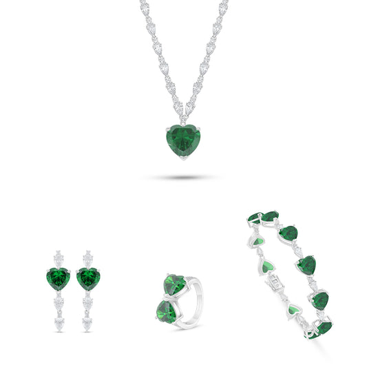 طقم من الفضة الخالصة عيار 925 مطلي روديوم مرصع احجار زركون زمردي و فص ابيض