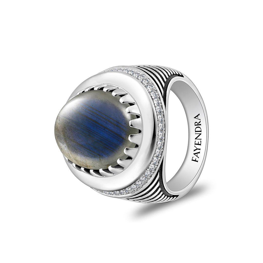 Sterling Silver 925 Ring Rhodium And Black Plated Embedded With Cabochon Labradorite And White Zircon For Men