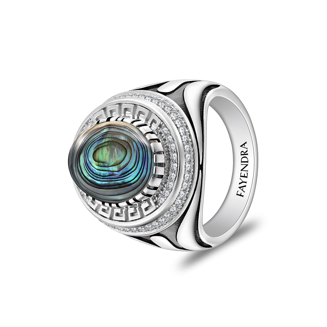 خاتم رجالي من الفضة الخالصة عيار 925 مطلي روديوم و اسود مرصع احجار صدف استرالي كابشون و فص ابيض