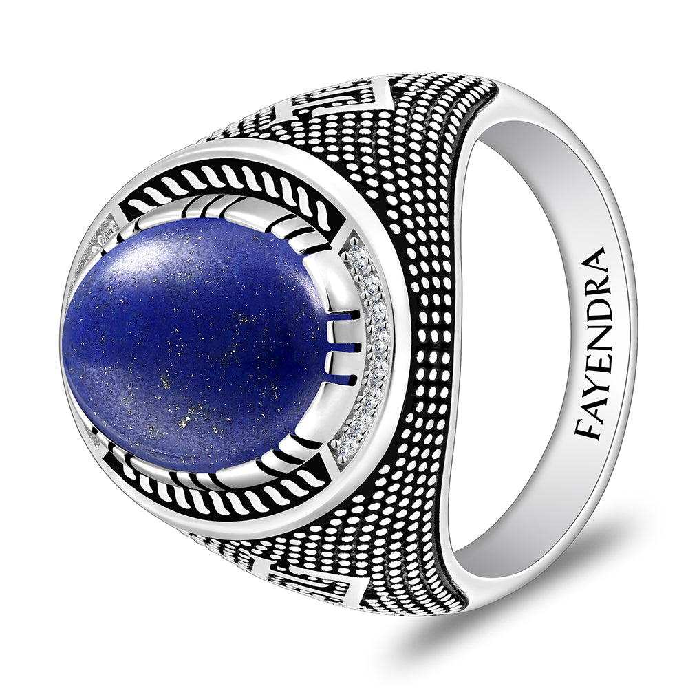 خاتم رجالي من الفضة الخالصة عيار925 مطلي روديوم و اسود مرصع حجر لابيس كابشون و فص ابيض