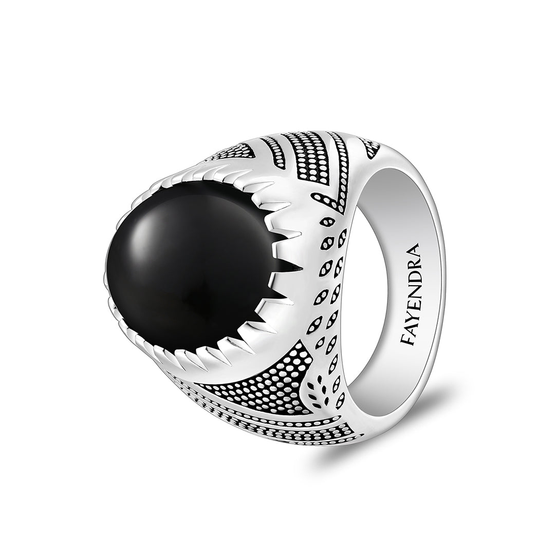 Sterling Silver 925 Ring Rhodium And Black Plated Embedded With Natural black agate Cabochon For Men