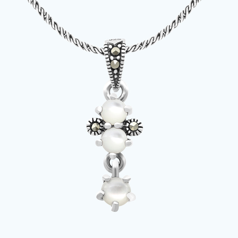 Sterling Silver 925 Pendant Embedded With Natural White Shell And Marcasite Stones
