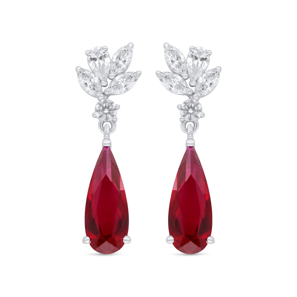 Sterling Silver 925 Earring Rhodium Plated Embedded With Ruby Corundum And White Zircon