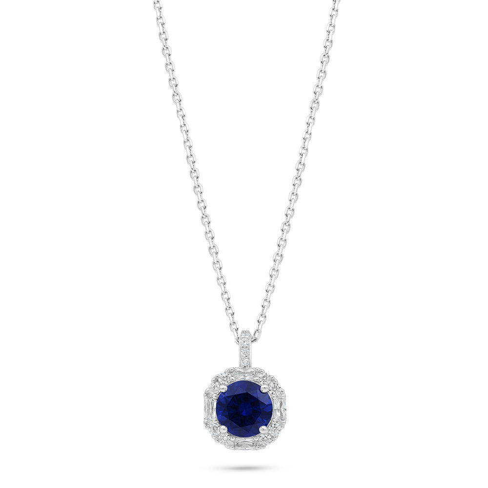 Sterling Silver 925 Necklace Rhodium Plated Embedded With Sapphire Corundum And White Zircon