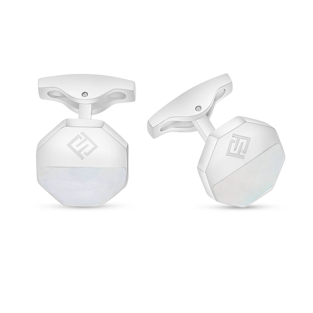 Stainless Steel Cufflink 316L Embedded With White Shell Shiny Steel