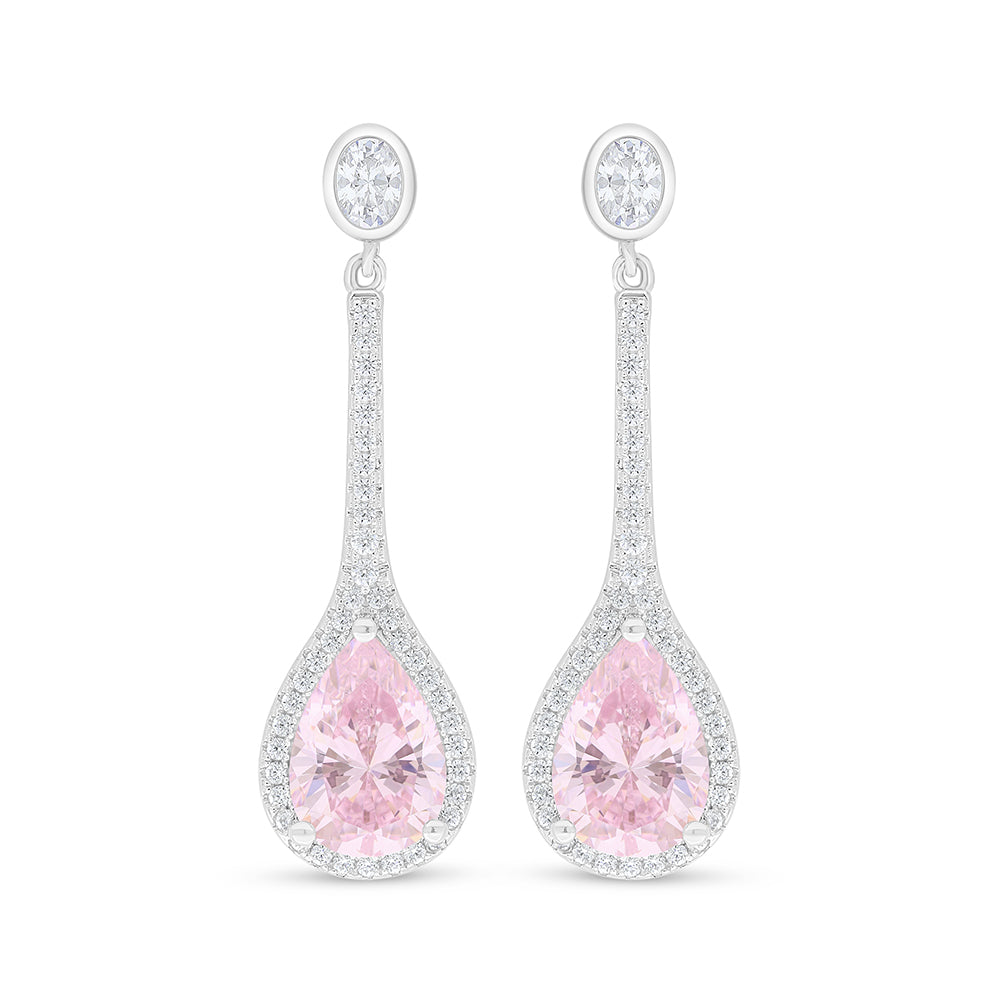 Sterling Silver 925 Earring Rhodium Plated Embedded With Pink Zircon And White Zircon