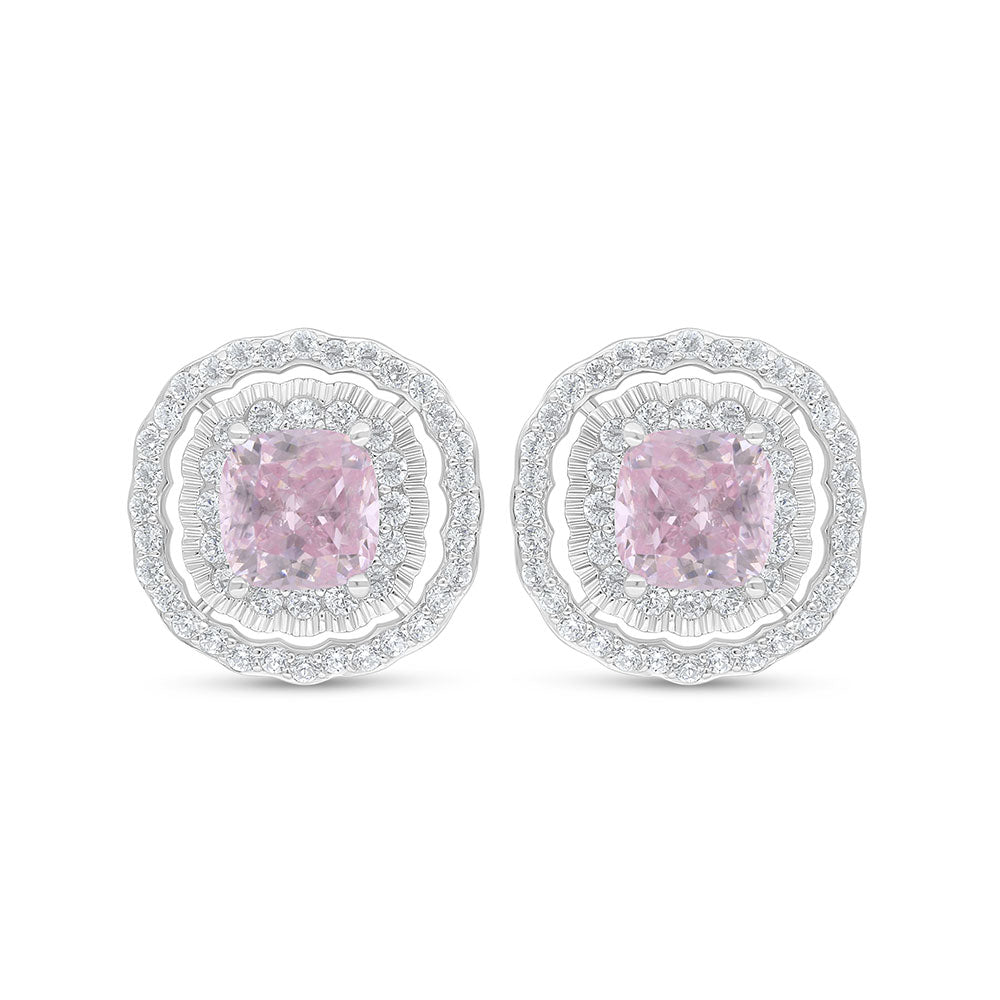 Sterling Silver 925 Earring Rhodium Plated Embedded With Pink Zircon And White Zircon