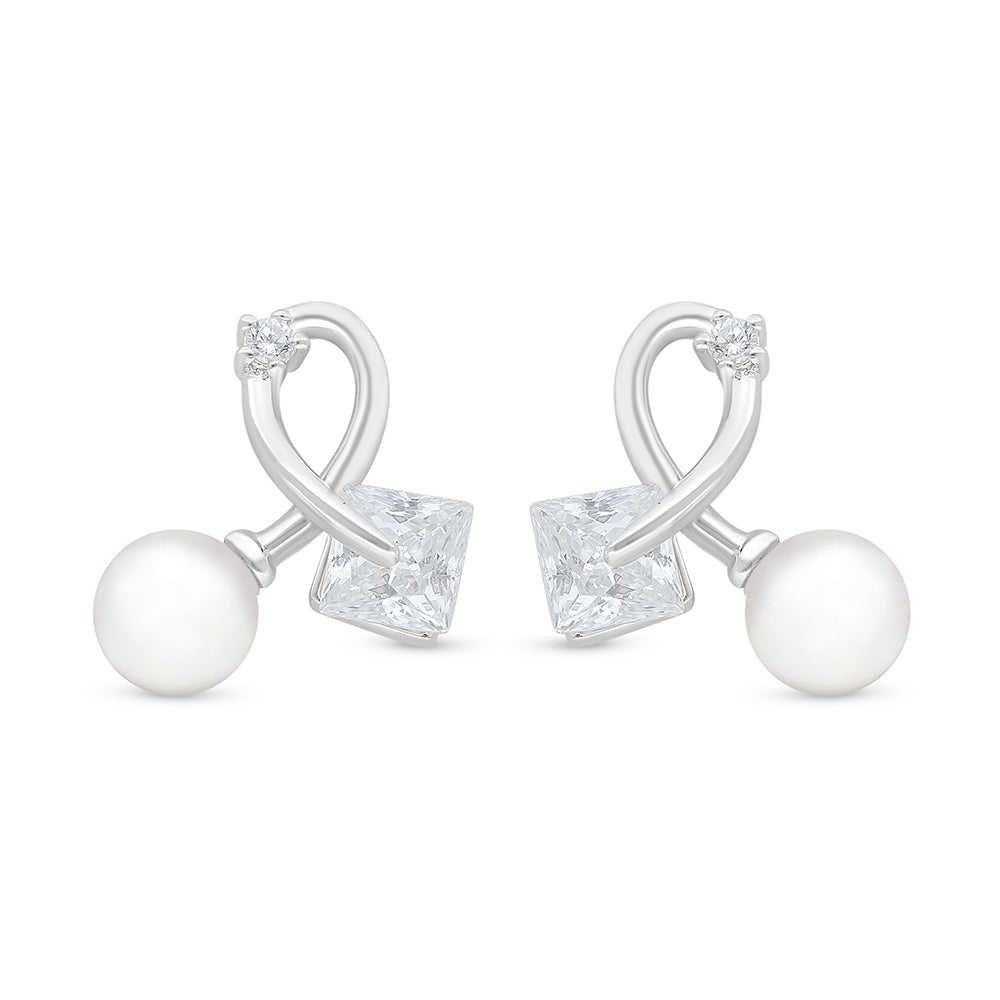 Sterling Silver 925 Earring Rhodium Plated Embedded With Natural White Pearl And White Zircon