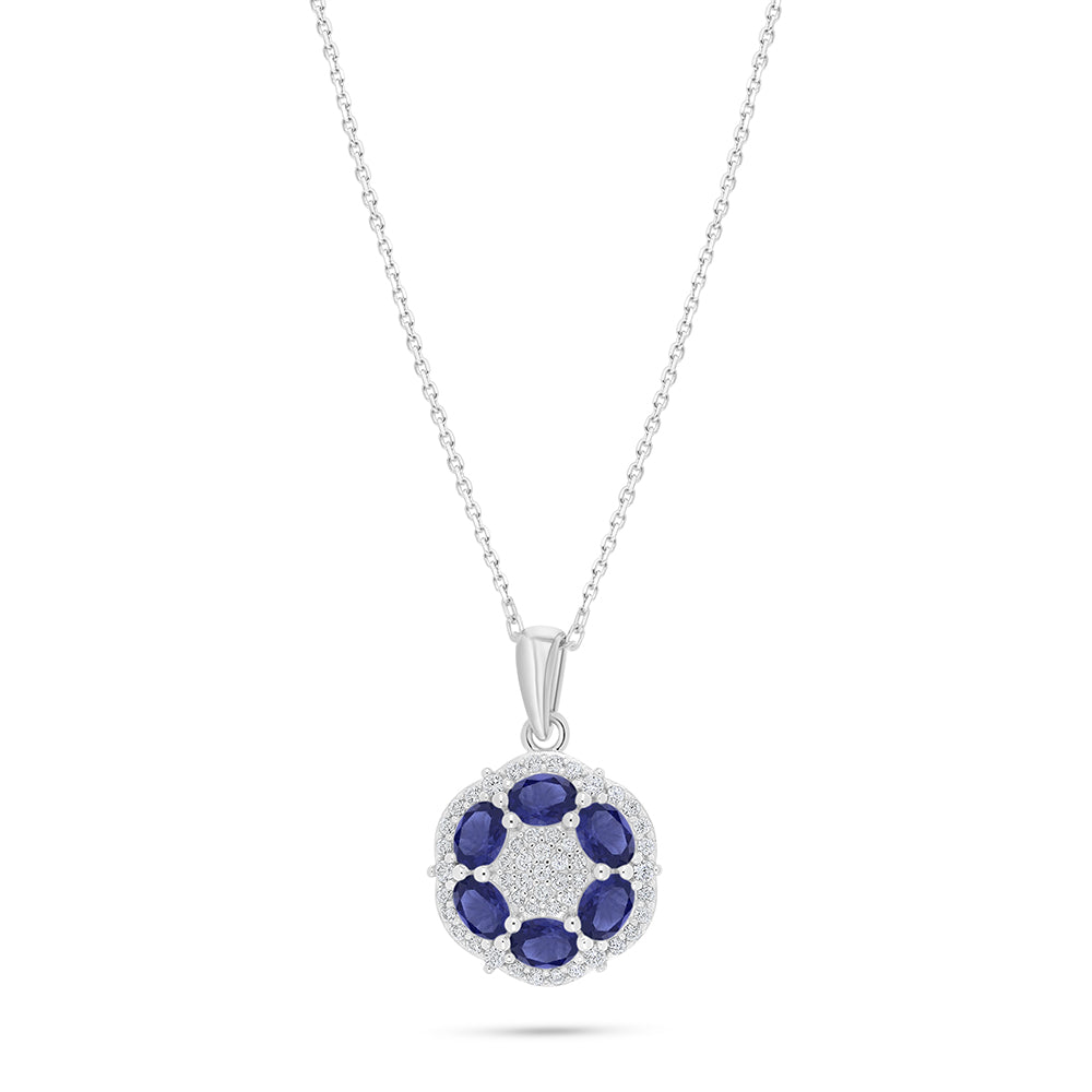 Sterling Silver 925 Necklace Rhodium Plated Embedded With Sapphire Corundum And White Zircon