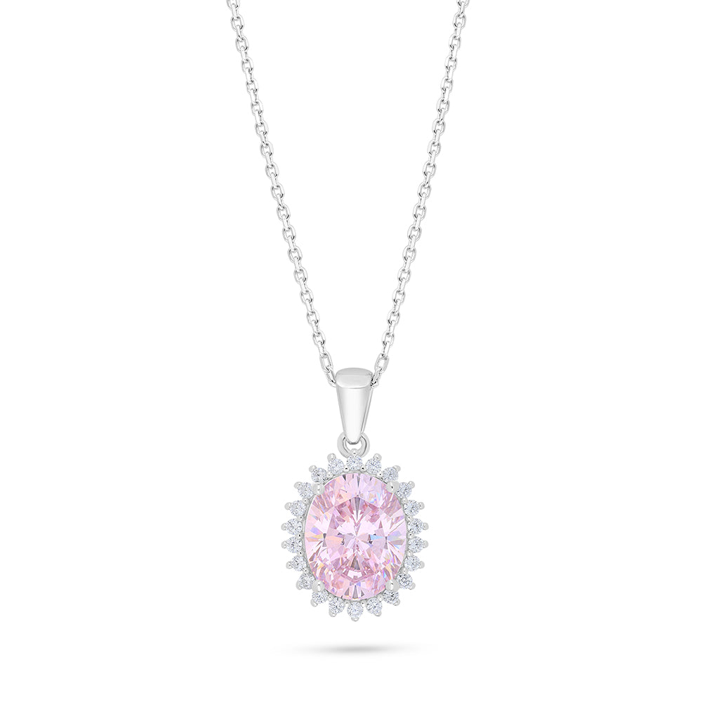 Sterling Silver 925 Necklace Rhodium Plated Embedded With Pink Zircon And White Zircon