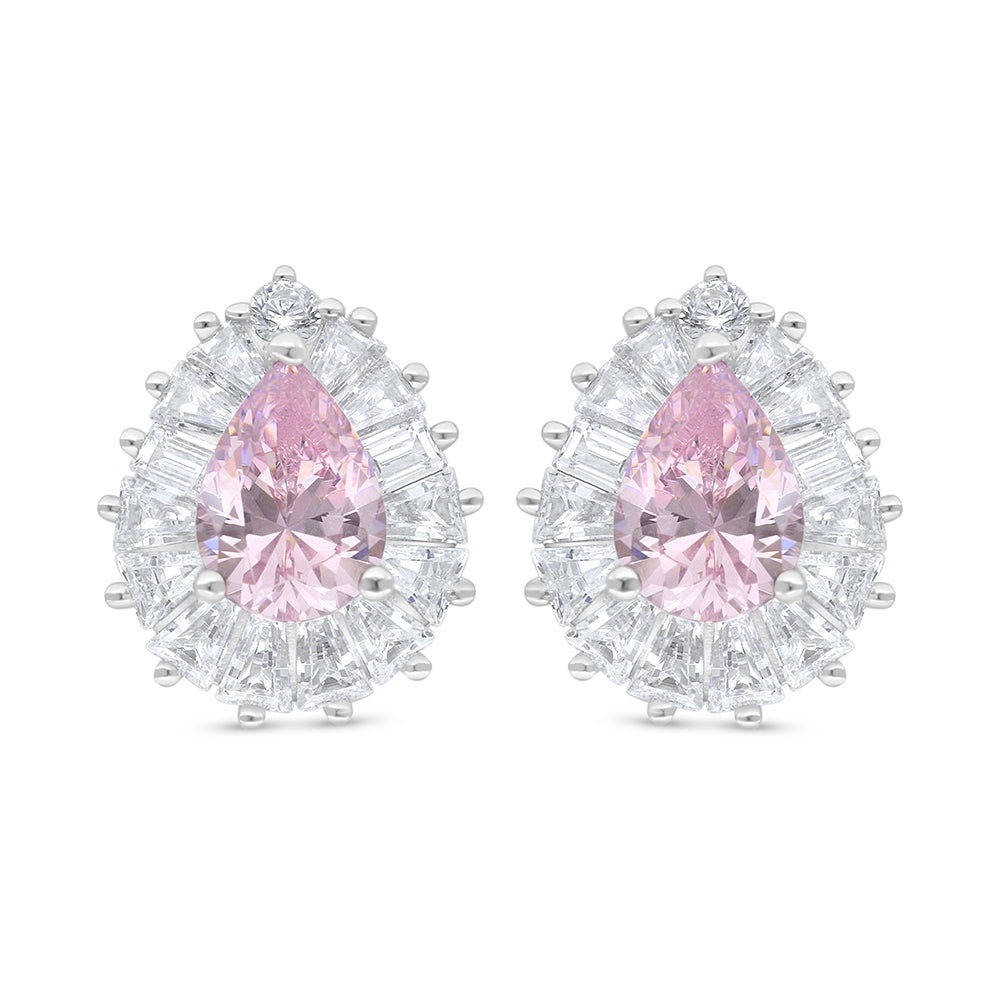 Sterling Silver 925 Earring Rhodium Plated Embedded With Pink Zircon And White Zircon