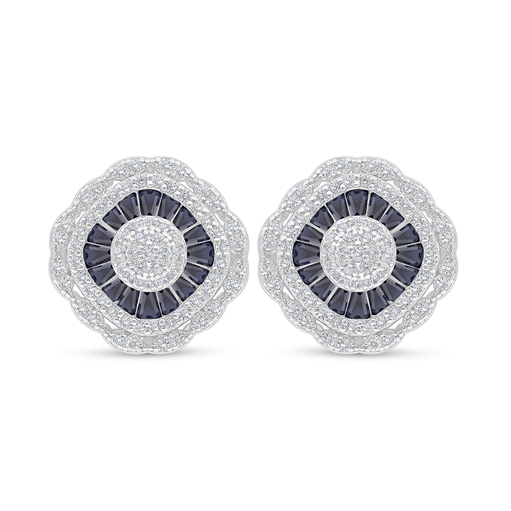 Sterling Silver 925 Earring Rhodium Plated Embedded With Sapphire Corundum And White Zircon