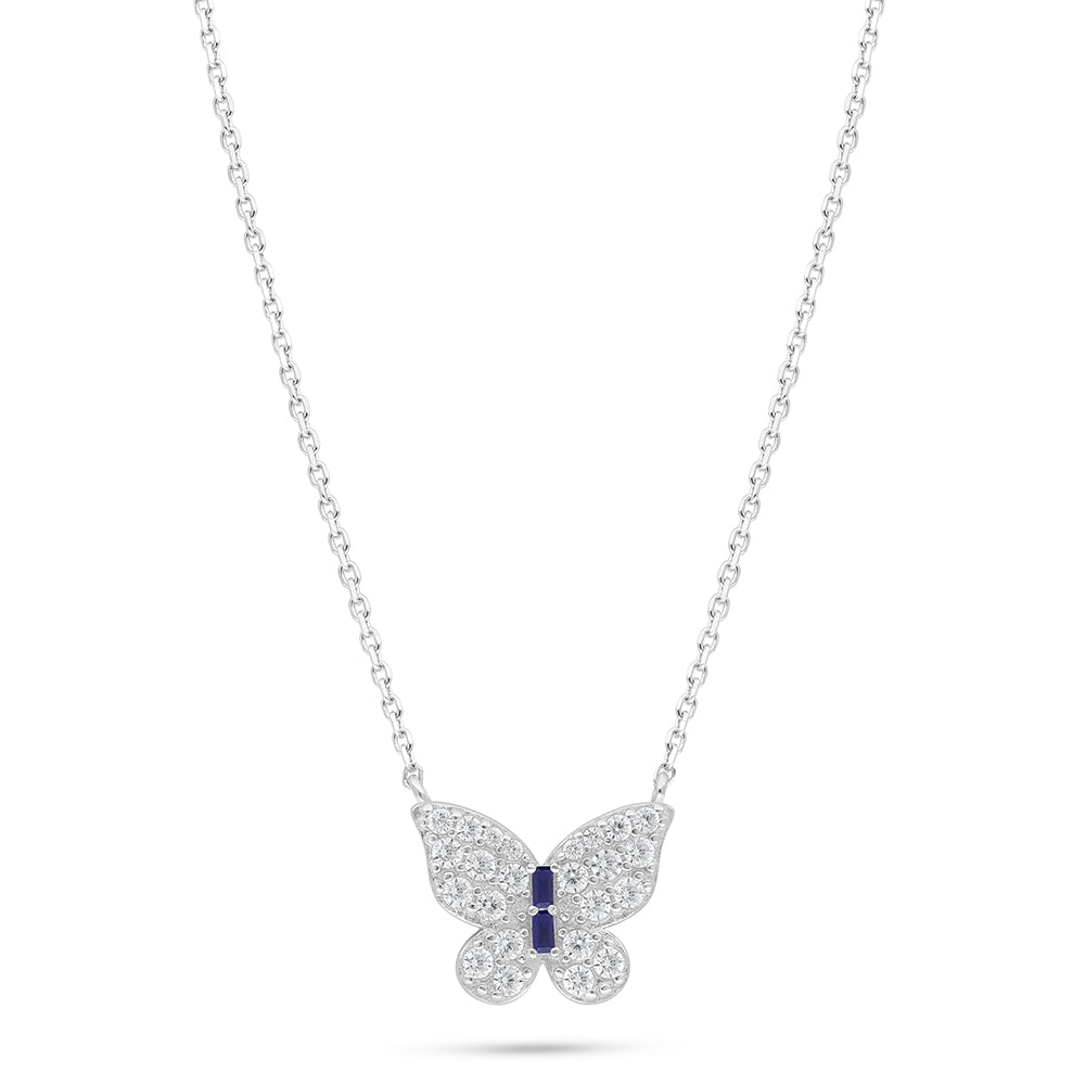 Sterling Silver 925 Necklace Rhodium Plated Embedded With Sapphire Corundum And White Zircon