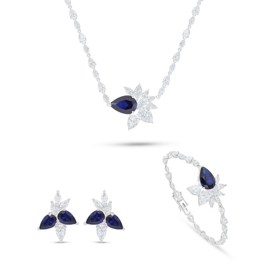 طقم من الفضة الخالصة عيار 925 مطلي روديوم مرصع احجار زفير كروندوم و فص ابيض