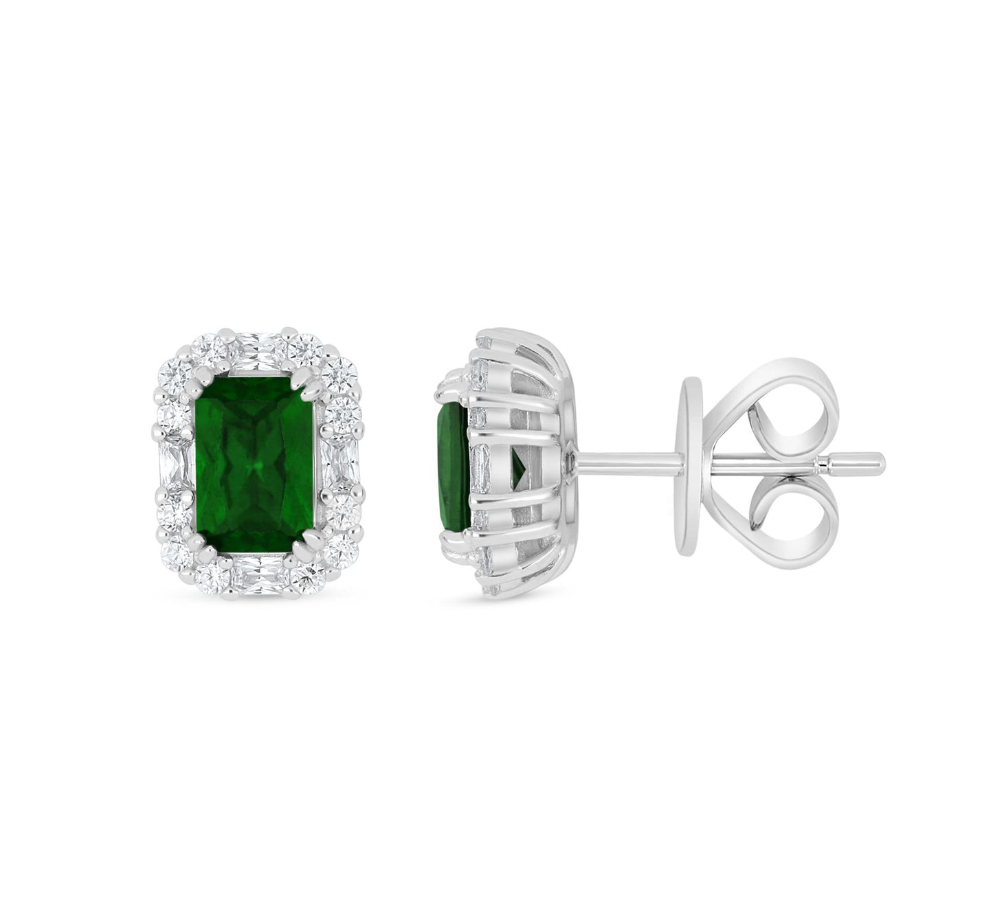 Sterling Silver 925 Earring Rhodium Plated Embedded With Emerald Zircon And White Zircon
