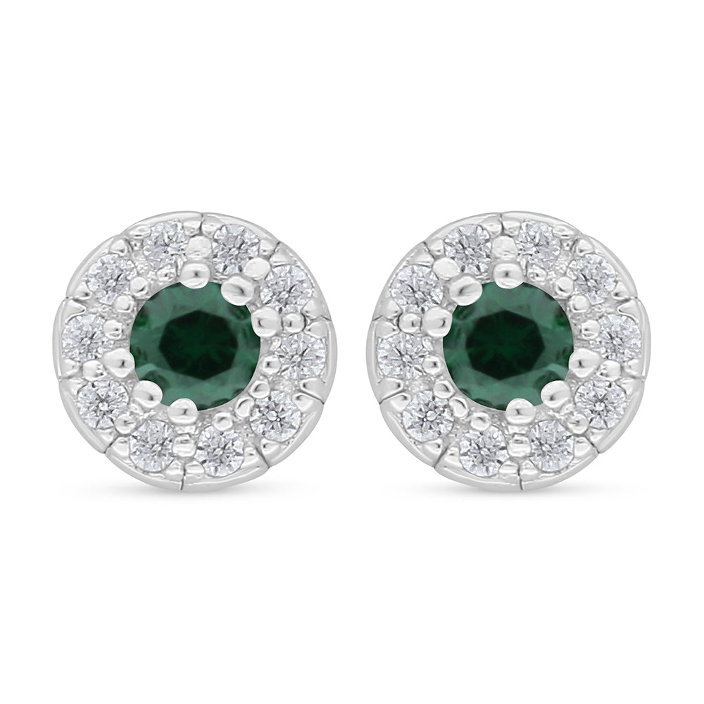 Sterling Silver 925 Earring Rhodium Plated Embedded With Emerald Zircon And White Zircon