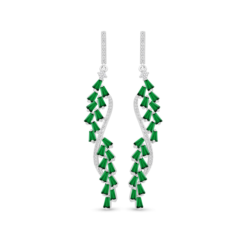 Sterling Silver 925 Earring Rhodium Plated Embedded With Emerald Zircon And White Zircon