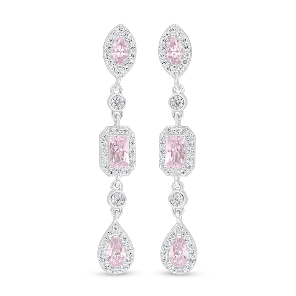 Sterling Silver 925 Earring Rhodium Plated Embedded With Pink Zircon And White Zircon