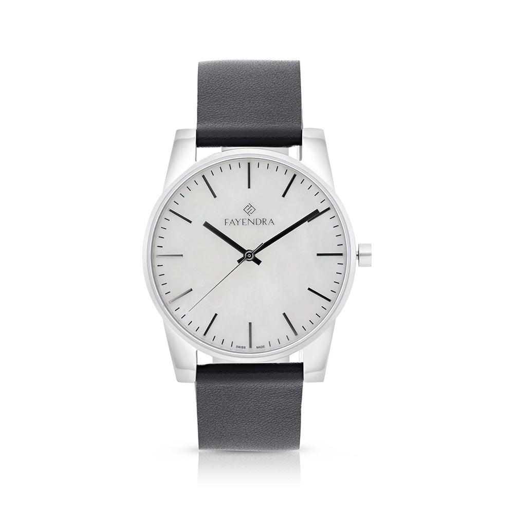 Stainless Steel 316 Watch Silver Color Embedded With Black Leather For Men - WHITE MOP DIAL